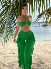 SHEIN Swim Effen kleur ruches rand borst ruches kruis halter bikini gescheiden, zomerstrand