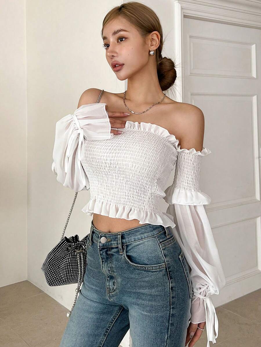 DAZY Blusa da donna con spalle scoperte e maniche lunghe, adatta per l'abbigliamento quotidiano e le vacanze primaverili/estive - Bianco - Visualizzare 1