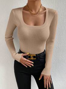 Chiquease Jersey ajustado de cuello redondo elegante, adecuado para superposición, blusas de manga larga