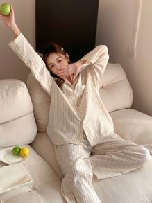 DAZY 條紋編織標籤裝飾單排釦睡衣套裝