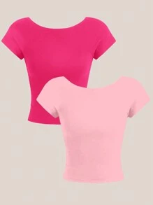 SHEIN EZwear 2 件性感休闲露背圆领短袖短款修身女式 T 恤，适合夏季 - 彩色 - 查看 2