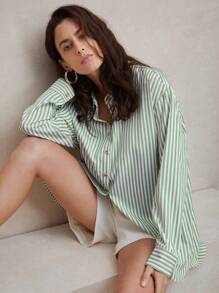 Anewsta Green Striped Loose And Comfortable Commuting Shirt
