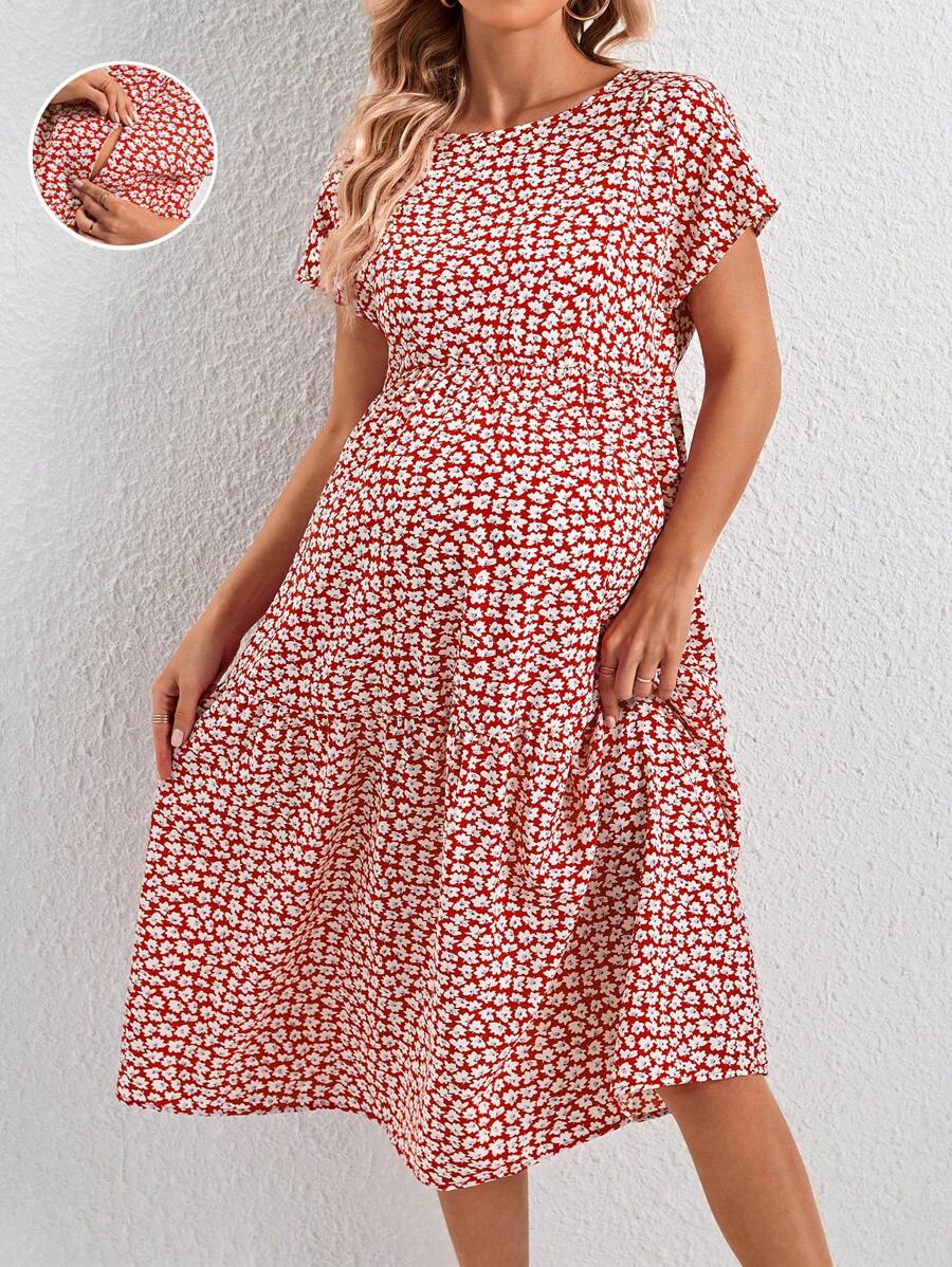 SHEIN Round Neck Loose Floral Print Casual Maternity Dress Clothing With Nursing Function