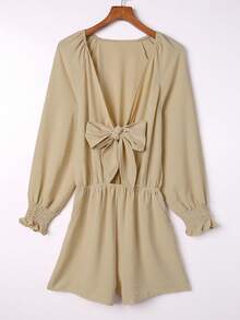 素色前打結隱藏口袋連身短褲 - 卡其色 - 查看 6