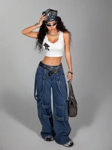 SHEIN EZwear Top sin mangas estilo callejero con bordado de remiendos y cuello recortado para uso casual en verano