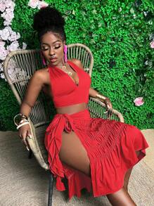 Slaydiva Ensemble Haut à volants à col ras-du-cou rouge + Jupe nouée - Rouge - Voir 6