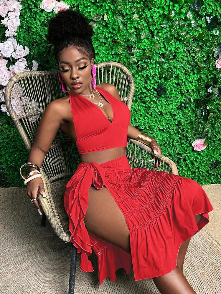 Red Halter Neck Ruffle Top + Knotted Skirt Set