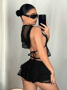 SHEIN ICON Y2k Summer Spring Outfits Hooded Streetwear Black Short Mesh Tank Top With Metal Applique Detail