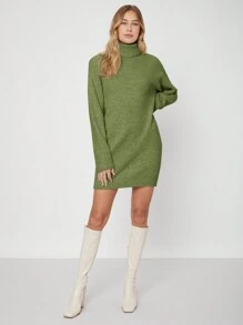 EURMUSE Chất rắn Áo cao cổ Thả vai Đầm Áo len - Màu Khaki - Xem 4