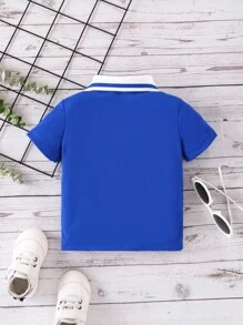 Áo sơ mi ngắn tay in chữ cho bé trai có cổ polo cho mùa hè - Màu xanh lam - Xem 2