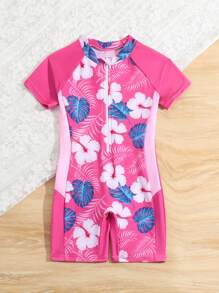 Costum de baie dintr-o singură piesă pentru fetiță cu imprimeu tropical cu fermoar în față