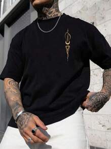 Men Plus Size Minimalist Geometric Moon Print Round Neck Short Sleeve T-Shirt, Emo - Black - View 2