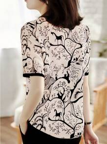 INAWLY 动物印花圆领短袖夏季休闲 T 恤图案 T 恤女式上衣 - 米色 - 查看 2