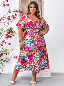 SHEIN CURVE+ 大碼印花隨機圖案連衣裙 - 彩色 - 查看 1