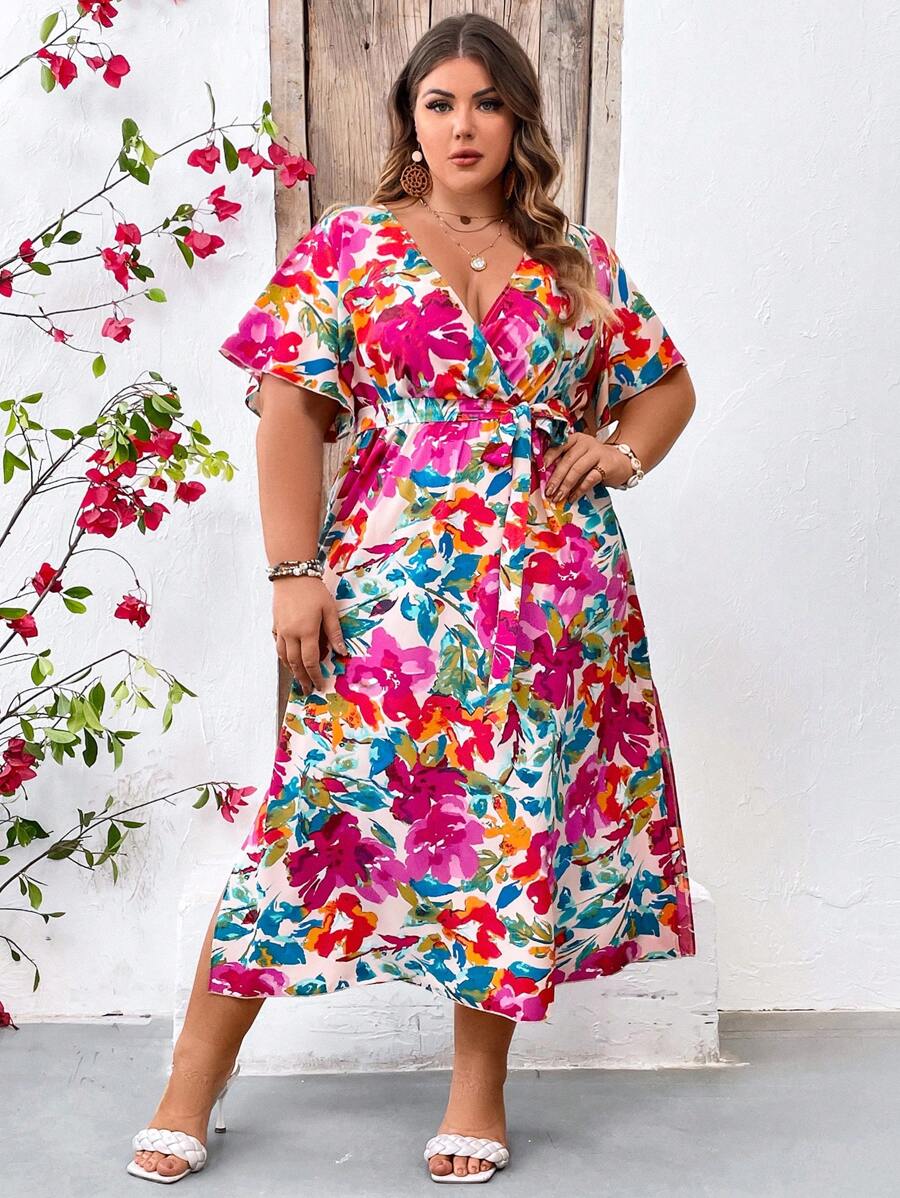 SHEIN CURVE+ 大碼印花隨機圖案連衣裙 - 彩色 - 查看 1