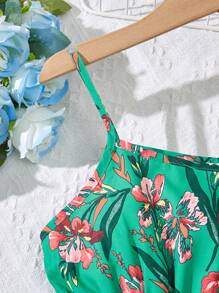 Sparklyn Tween Girl Floral Print Ruched Pleated Spaghetti Strap Casual Summer Dress - Green - View 6