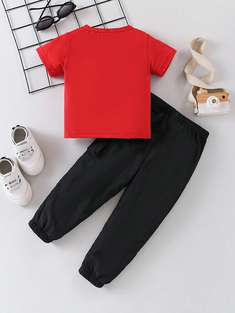 2pcs Baby Boys' Casual Printed Black Top & Green Pants Summer Set