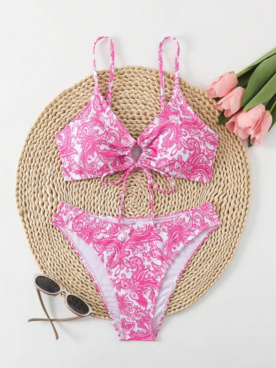 SHEIN Swim Bộ bikini dây mảnh in họa tiết Paisley có dây khoét rỗng, họa tiết ngẫu nhiên, bãi biển mùa hè - Màu Hồng Tươi - Xem 1