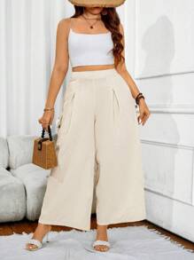 SHEIN Clasi Kích thước lớn Của phụ nữ màu trơn Xếp li Quần ống rộng - Màu be - Xem 3