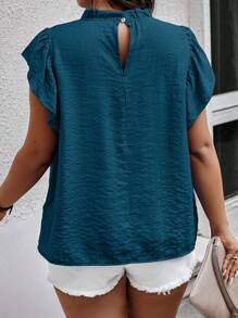 Calvaya Plus Size Women Summer Shirt With Petal Sleeves And Frill Collar - Blue - View 2