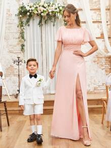 SHEIN Belle 優雅浪漫的荷花粉色開衩設計，帶褶皺胸部細節的優雅伴娘禮服，褶饒袖子和領帶開衩裙設計。適合婚禮假日禮品派對假日成人伴娘禮服親子裝 - 藕粉色 - 查看 10