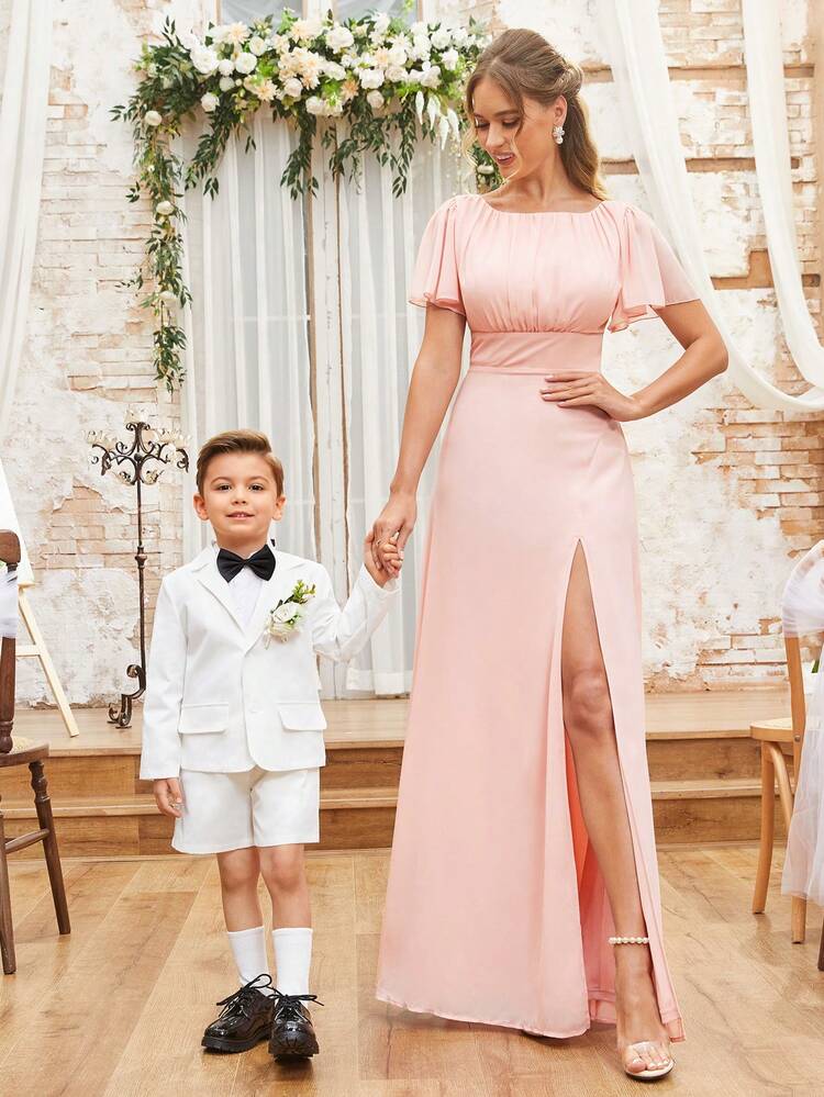 Elegant And Romantic Lotus Pink Slit Design With Pleated Chest Detail. Elegant Bridesmaid Dress With Ruffle Sleeves And Tie Slit Dress Design. Suitable For Wedding Holiday Gift Party Holiday Adult Bridesmaid Dressparent-Child Dress