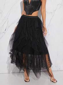 Hauture Elegant Commuter Polka Dot Mesh Ruffle Hem Skirt - Black - View 1