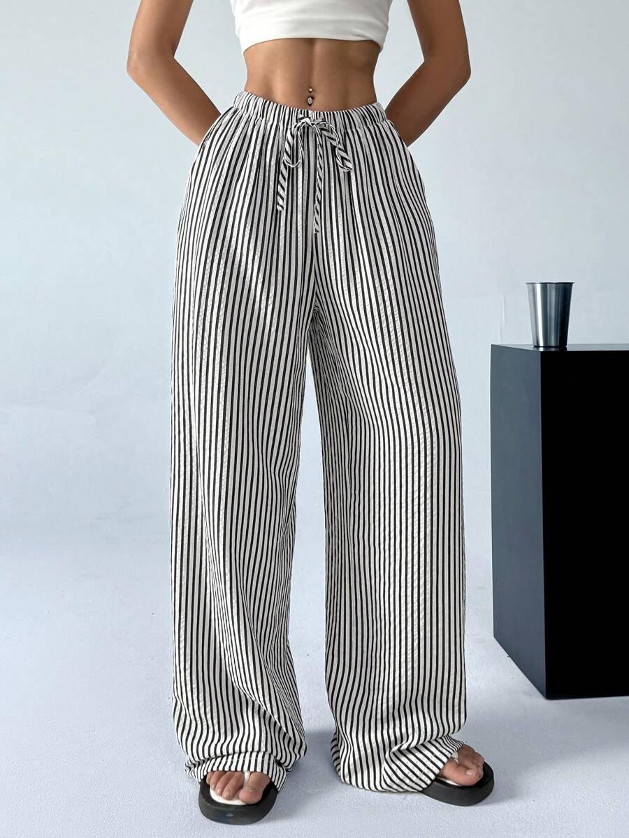 SHEIN EZwear Striped & Printed Casual Daily Wear Women Spring/Summer Long Pants - Black and White - View 1