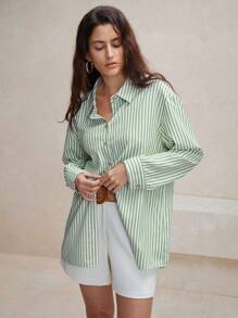 Anewsta Green Striped Loose And Comfortable Commuting Shirt
