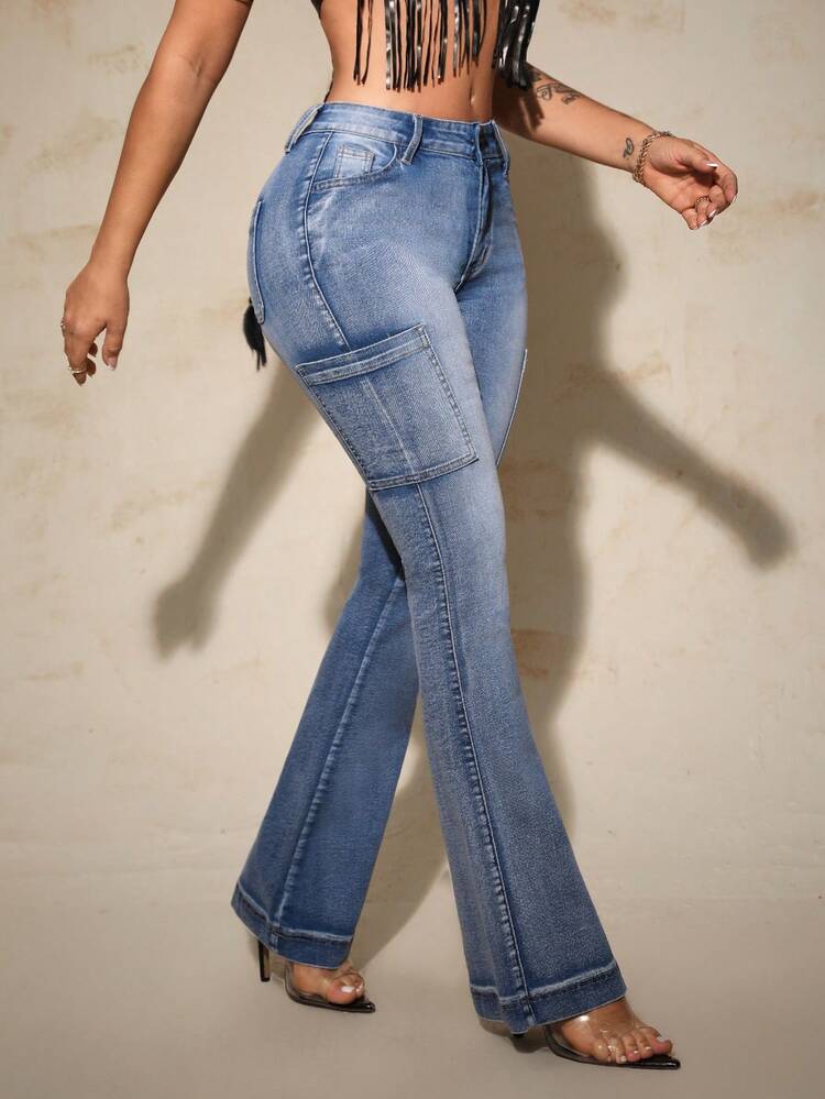 Ladies" Simple And Fashionable Multi-Pocket Flared Jeans