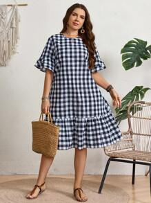 SHEIN LUNE 女士加大码格子荷叶边袖连衣裙舒适 - 黑與白 - 查看 5