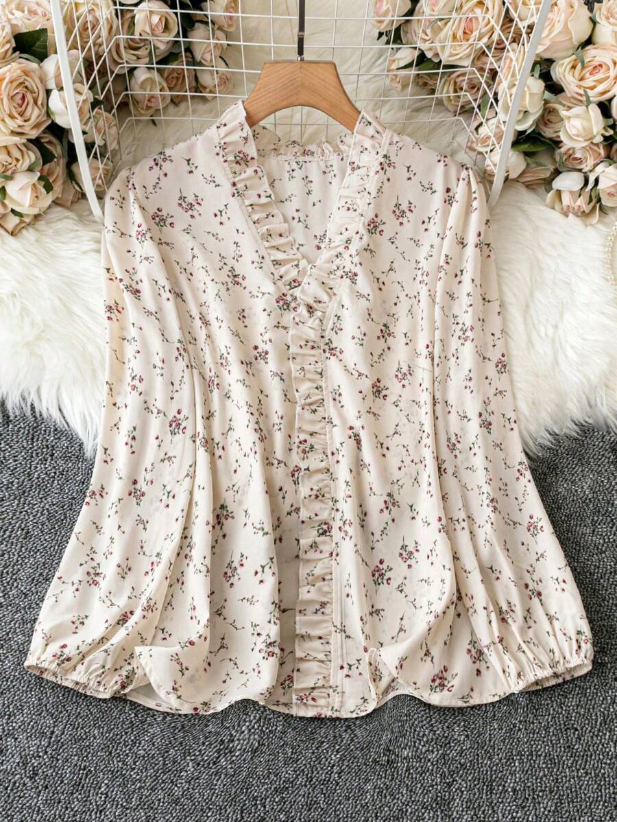 SHEIN LUNE Áo Sơ Mi Viền Diềm Plus Size Có In Hoa Ditsy - Màu be - Xem 1