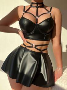 Women's Punk Sexy Mature Lady With Underwire Lingerie Set (3 Pieces) For Going Out - Black - View 4