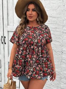 SHEIN VCAY Plus Size Women Summer Holiday Style Floral Print Loose Fit Short Sleeve Shirt With Round Neckline
