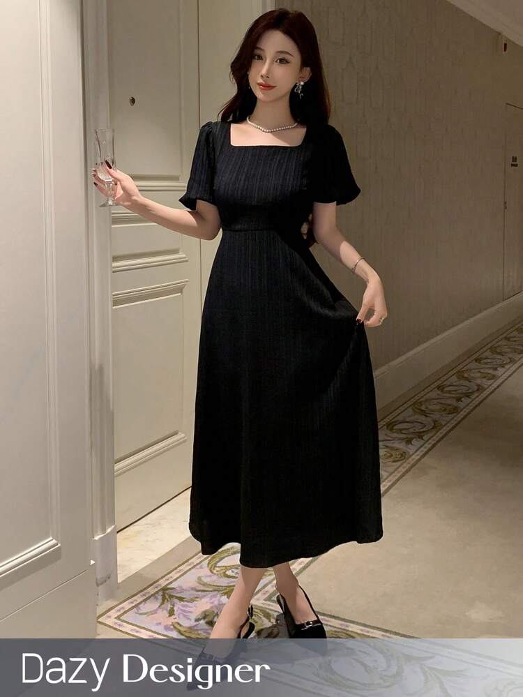 Women's Square-Neck Puff Sleeve Long Dress With A Cinched Waist, Birthday ,New Year Eve Summer Sundress Prom Dress Elegant Women Dresses