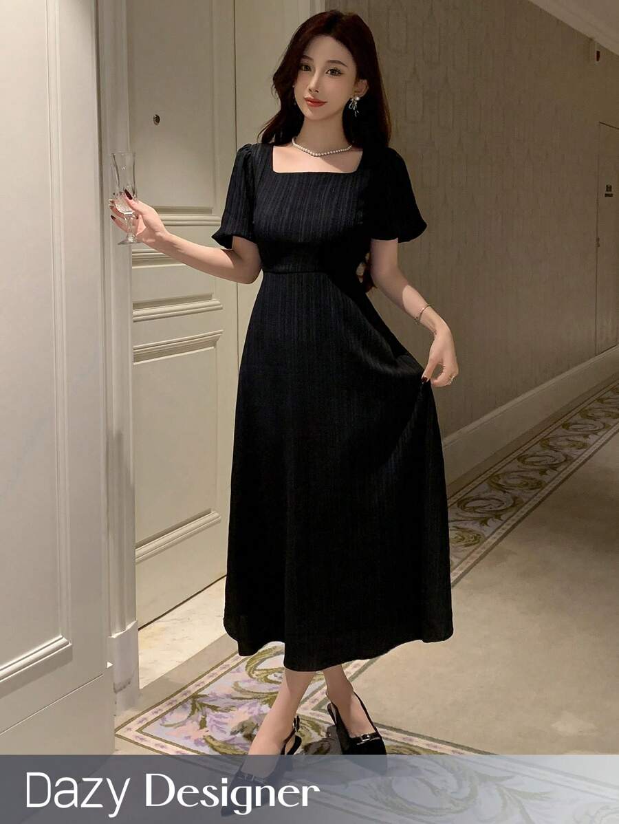 Dazy Designer Women's Square-Neck Puff Sleeve Long Dress With A Cinched Waist, Birthday ,New Year Eve Summer Sundress Prom Dress Elegant Women Dresses - Black - View 1