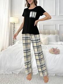 Women Fashionable Plaid Short-Sleeve Long Pants Pajama Set
