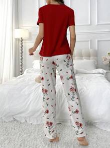 Solid Color Short Sleeve Top And Printed Long Pants Pajama Set Bridallingerie