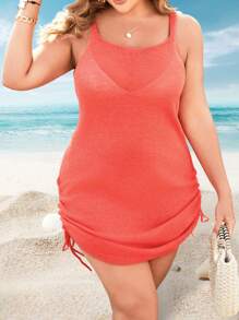 Breezaya Kích thước lớn Màu thuần Áo len dệt kim Đầm Với dây rút Bên Chi tiết - Màu Cam cháy - Xem 4