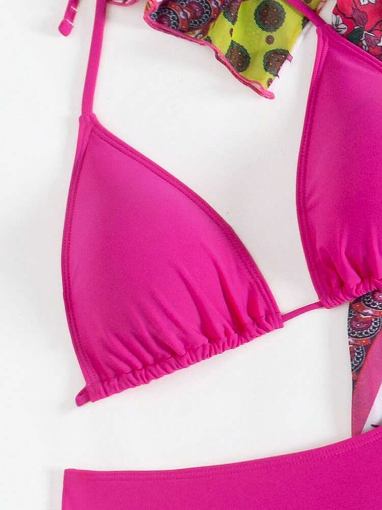 Women's Random Patchwork Printed Bikini Set, 4pcs Summer Beach