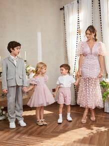 SHEIN Belle 女士粉色短泡袖3D蝴蝶開背優雅美人魚裙鎮酒會派對禮服 - 粉色 - 查看 5