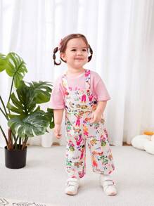 SHEIN Baby Girl Cute Casual Loose Cartoon Pattern Jumpsuit Overalls, Summer Version - White - View 4