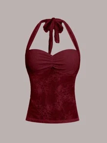 SHEIN Unity Women Pleated Lace See-Through Halter Top - Red - View 1