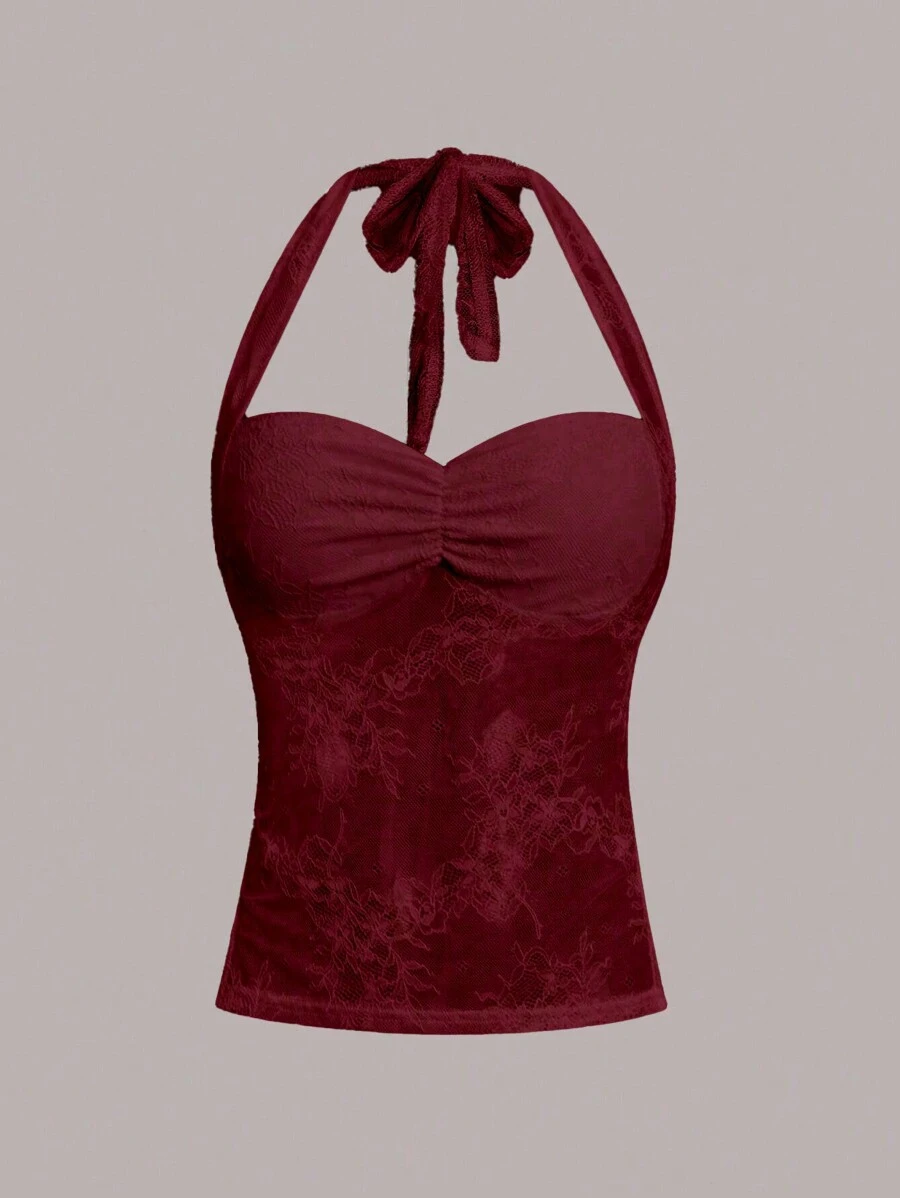 SHEIN Unity Women Pleated Lace See-Through Halter Top - Red - View 1