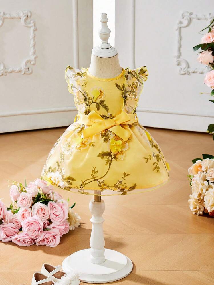 Organza Big Flowers Elegant Back Zipper Bowknot Pleated Baby Dress