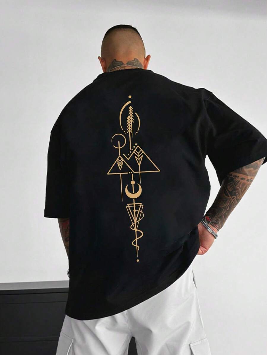Men Plus Size Minimalist Geometric Moon Print Round Neck Short Sleeve T-Shirt, Emo - Black - View 1