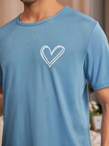 Men Simple Heart Printed Short Sleeve Tee & Shorts Casual Pajamas Set