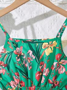 Sparklyn Tween Girl Floral Print Ruched Pleated Spaghetti Strap Casual Summer Dress - Green - View 4