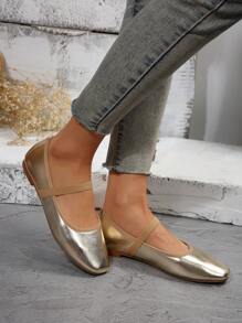 Zapatos planos de color champagne para mujeres con punta cuadrada y banda elástica para todas las estaciones