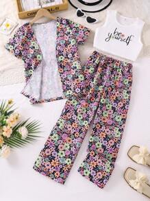 Tween Girl Cool & Casual Three-Piece Set For Spring, Summer And Autumn - Purple - View 1